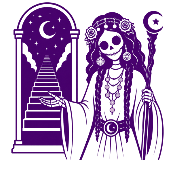 Purple silhouette of a skeletal witch with a flower crown and beaded necklace, holding a crescent-moon staff, standing beside an arched doorway with a stairway leading upward.