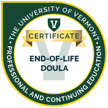 University of Vermont round seal certifying End-of-Life Doula professional education badge.