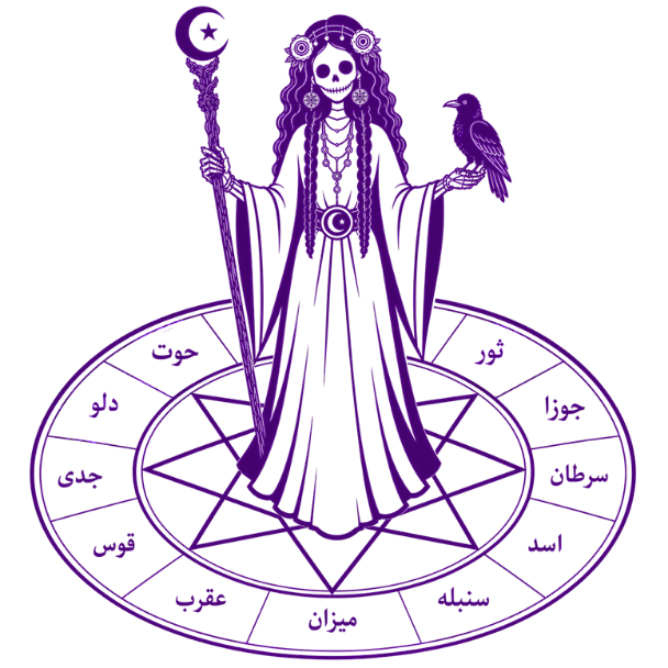 Purple witch standing on a circular occult sigil with runic segments, holding a crescent staff and a raven perched on her forearm.